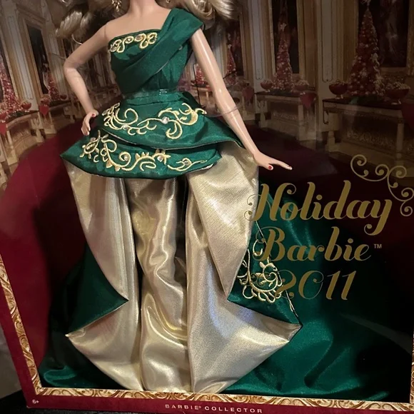 Mattel Holiday Barbie Doll in Green and Gold Dress